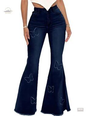 Women High Waisted Bell Bottom Jeans Ripped Flare Denim Pants